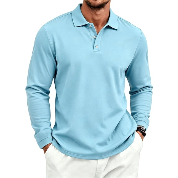 Sewkxo Men's Polo Shirt Long Sleeve Golf Shirts Lightweight Breathable Cool Shirts,Light Blue 2XL