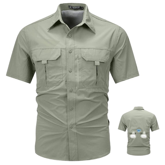 Sewkxo Men's Short Sleeves Fishing Shirts Button Down Summer Travel Work Shirts with Zipper Pockets,Green 2XL