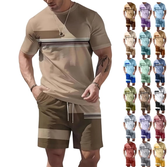 Sewkxo Men's Summer Casual 2 Piece Crew Neck Outfits Short Sleeve Shirt and Shorts Sets Beach Vacation,Coffee XL
