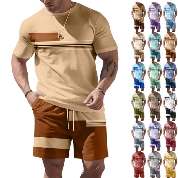 Sewkxo Men's Summer Casual 2 Piece Crew Neck Outfits Short Sleeve Shirt and Shorts Sets Beach Vacation,Light Brown L