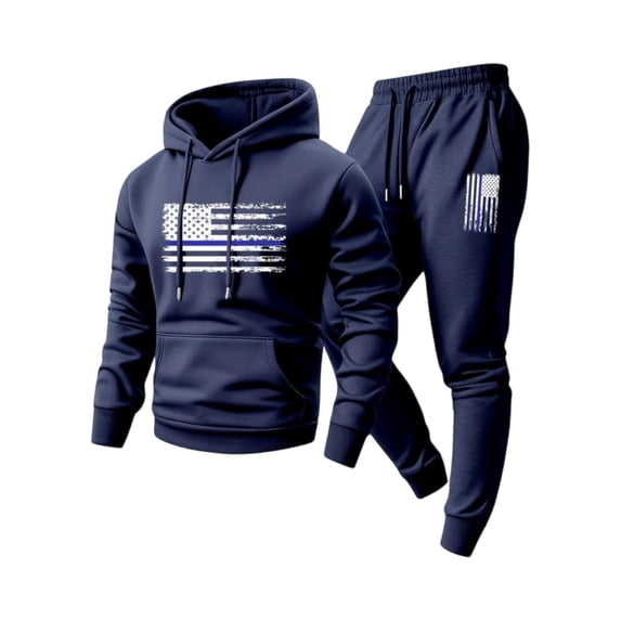 Sewkxo Men's Sweatsuits 2 Piece Set Lightweight Fleece American Flag Print Drawstring Hoodie and Sweatpants Fall Winter Hooded Solid Color Ribbed Pullover Set with Pocket,Navy XL