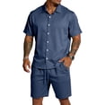 thumbnail image 1 of Sewkxo Mens 2 Piece Set Short Sleeve Lapel Collar Buttons Shirts Drawstring Beach Shorts Summer Beach Casual Set with Pockets,Navy 3XL, 1 of 6