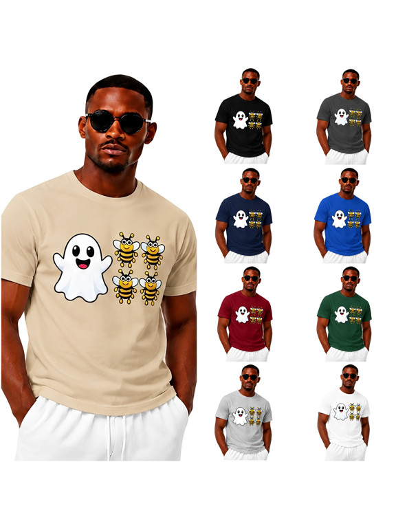 Mens Halloween Graphic T Shirt Funny Ghost and Bee Print Short Sleeve Crew Neck Casual Novelty Tee for Adults,3XL