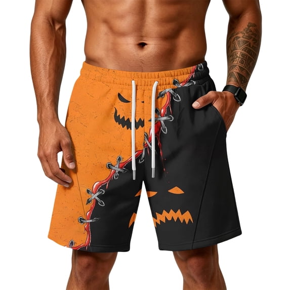 Sewkxo Mens Halloween Horror Pattern Soft Cotton Sleep Shorts Casual Indoor Home Pajama Lounge Shorts,Saffron S