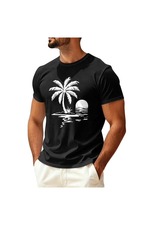 Mens Hawaiian Short Sleeve T-Shirts Graphic Crew Neck Casual Shirt Summer Beach Palm Tree Printed Vintage Tees,Black M