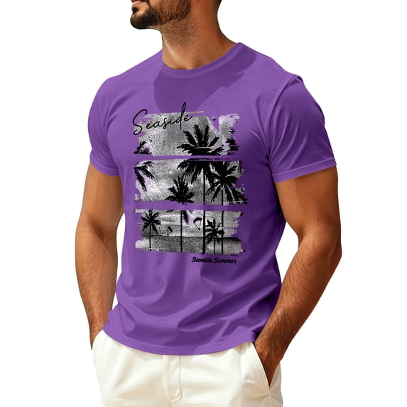 Sewkxo Mens Hawaiian Short Sleeve T-Shirts Graphic Crew Neck Casual Shirt Summer Beach Palm Tree Printed Vintage Tees,Purple XL