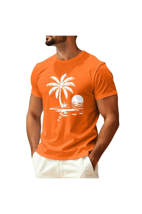 Mens Hawaiian Short Sleeve T-Shirts Graphic Crew Neck Casual Shirt Summer Beach Palm Tree Printed Vintage Tees,Saffron L