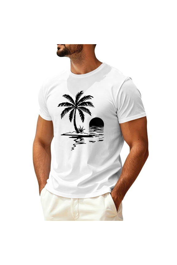 Mens Hawaiian Short Sleeve T-Shirts Graphic Crew Neck Casual Shirt Summer Beach Palm Tree Printed Vintage Tees,White 2XL