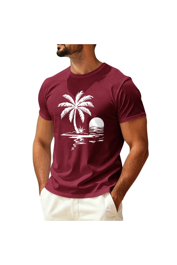 Mens Hawaiian Short Sleeve T-Shirts Graphic Crew Neck Casual Shirt Summer Beach Palm Tree Printed Vintage Tees,Wine L