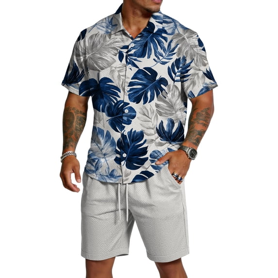 Sewkxo Mens Hawaiian Two Piece Matching Set Short Sleeves Lapel Collar Buttons Hawaiian Shirt Drawstrings Beach Shorts Tropical Beach Casual Sets with Pockets,Blue M