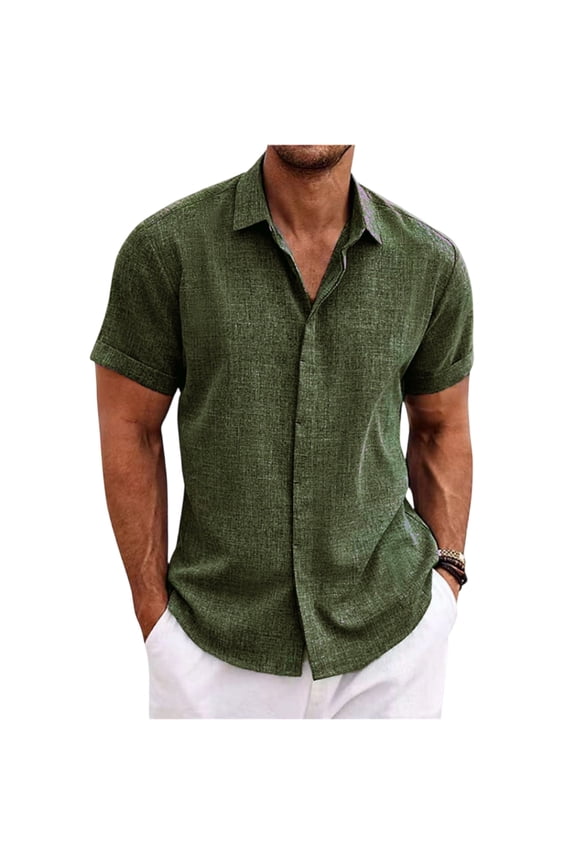 Mens Linen Shirt Short Sleeve Wrinkle Free Casual Untucked Button Down Shirts Summer Beach Breathable Shirt,Army Green XL