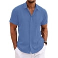 thumbnail image 1 of Sewkxo Mens Linen Shirt Short Sleeve Wrinkle Free Casual Untucked Button Down Shirts Summer Beach Breathable Shirt,Blue 2XL, 1 of 4