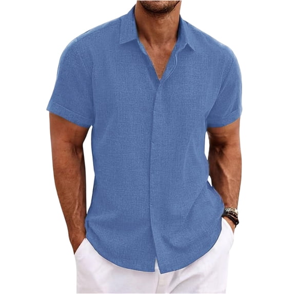 Sewkxo Mens Linen Shirt Short Sleeve Wrinkle Free Casual Untucked Button Down Shirts Summer Beach Breathable Shirt,Blue 2XL