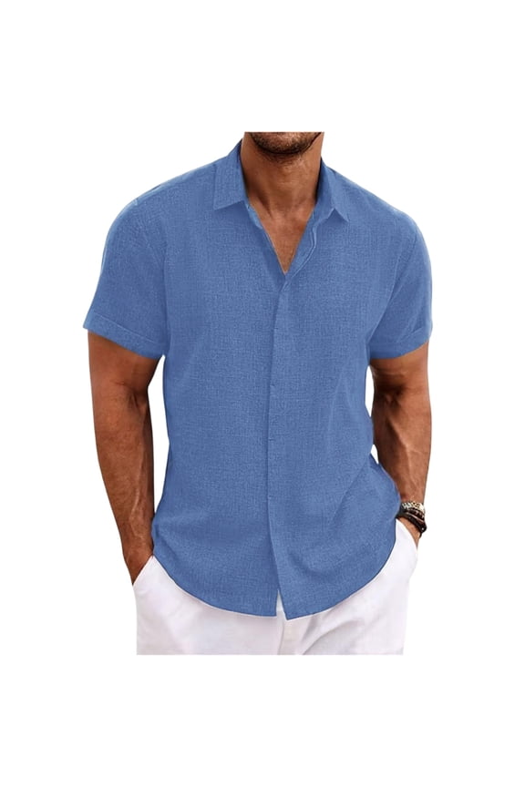 Mens Linen Shirt Short Sleeve Wrinkle Free Casual Untucked Button Down Shirts Summer Beach Breathable Shirt,Blue L