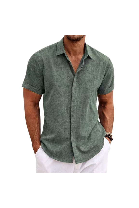 Mens Linen Shirt Short Sleeve Wrinkle Free Casual Untucked Button Down Shirts Summer Beach Breathable Shirt,Green 2XL