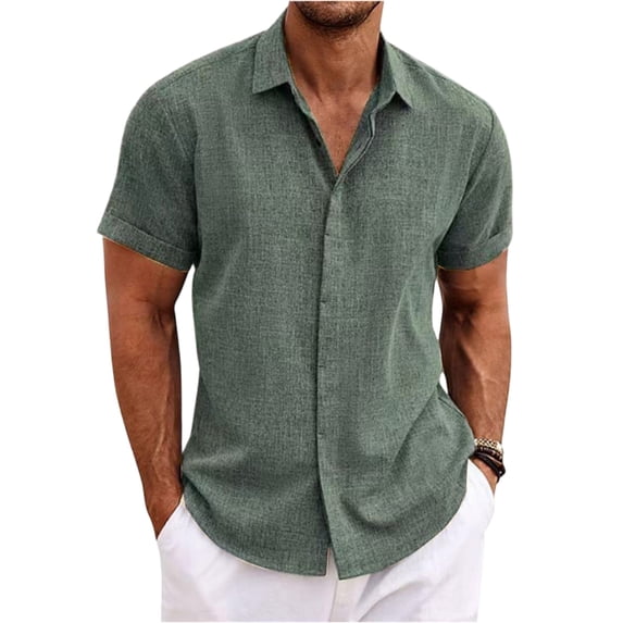 Sewkxo Mens Linen Shirt Short Sleeve Wrinkle Free Casual Untucked Button Down Shirts Summer Beach Breathable Shirt,Green L