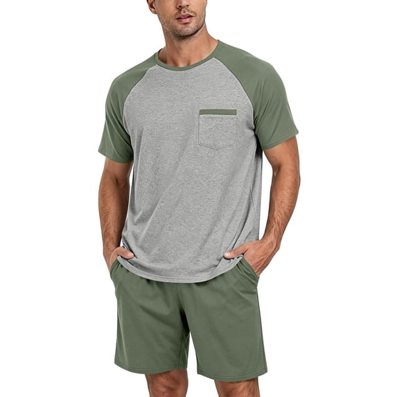 Sewkxo Mens Pajama Set Summer Pjs Sleepwear Lightweight Short Sleeve Pjs Soft Comfy Sleep Set With Pocket,Light Green S