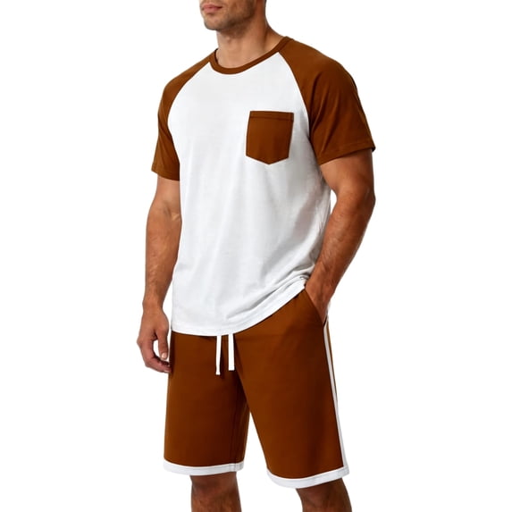 Sewkxo Mens Pajamas Set Lightweight Summer Pjs Sleepwear Soft Comfy Short Sleeve Sleep Set With Pocket,Coffee M