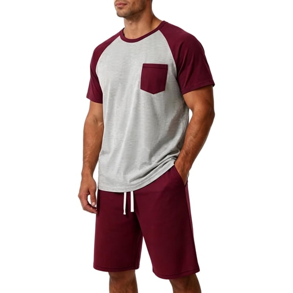 Sewkxo Mens Pajamas Set Lightweight Summer Pjs Sleepwear Soft Comfy Short Sleeve Sleep Set With Pocket,Wine 3XL