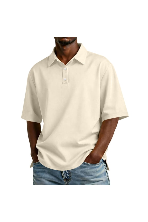 Mens Polo Shirts Sherpa Lapel Collar Buttons Down Short Sleeve Golf Shirt Spring Summer Casual Baggy Fit Tees Shirt with Pockets,Beige 2XL
