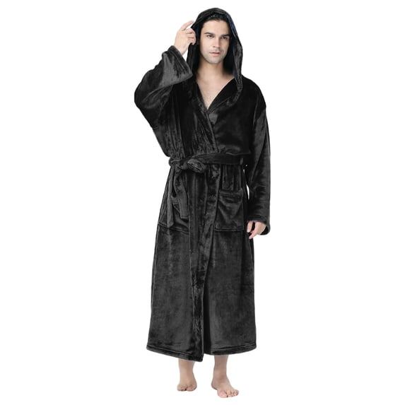 Sewkxo Mens Robes with Hood Flannel Fleece Bathrobe Full Length Plush Robe Coat Soft Warm Fleece Shower Spa Long Robe,Black L