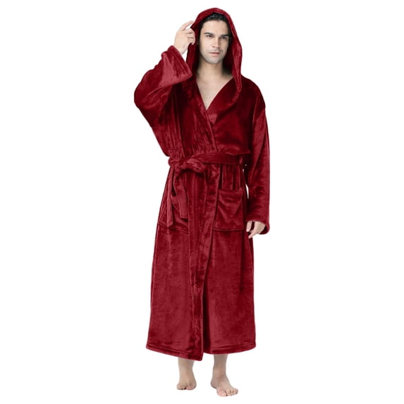 Sewkxo Mens Robes with Hood Flannel Fleece Bathrobe Full Length Plush Robe Coat Soft Warm Fleece Shower Spa Long Robe,Deep Red 3XL