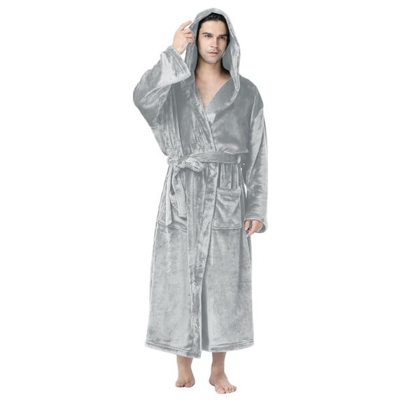 Sewkxo Mens Robes with Hood Flannel Fleece Bathrobe Full Length Plush Robe Coat Soft Warm Fleece Shower Spa Long Robe,Light Gray L