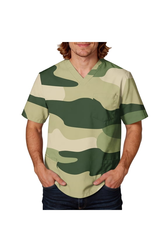 Mens Scrub Tops Camouflage Printed Nuring Scrubs Plus Size V Neck Short Sleeve Nurse Working Uniform,Dark Green 3XL
