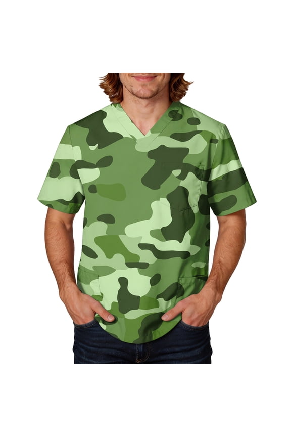 Mens Scrub Tops Camouflage Printed Nuring Scrubs Plus Size V Neck Short Sleeve Nurse Working Uniform,Green M