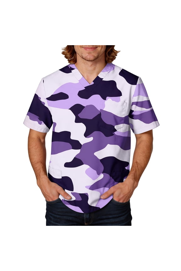Mens Scrub Tops Camouflage Printed Nuring Scrubs Plus Size V Neck Short Sleeve Nurse Working Uniform,Purple 5XL