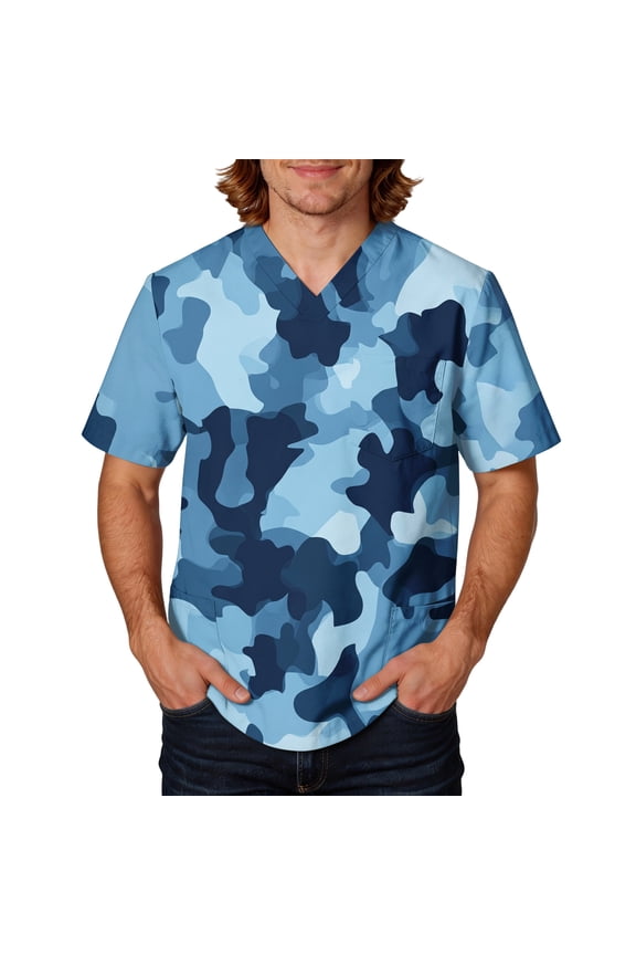 Mens Scrub Tops Camouflage Printed Nuring Scrubs Plus Size V Neck Short Sleeve Nurse Working Uniform,Sky Blue 5XL