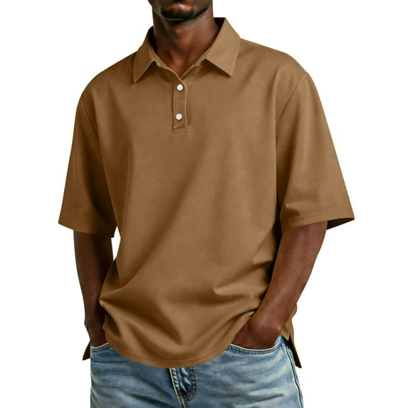 Sewkxo Mens Shirt Polo Fashion Lapel Button Short Sleeve Golf Tops Spring Summer Casual Loose Fit Tees Shirt with Pockets,Light Brown L