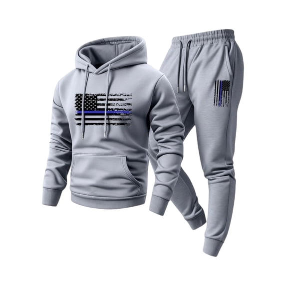 Sewkxo Mens Sweatsuits 2 Piece Sherpa Fleece American Flag Print Drawstring Hoodie and Sweatpants Fall Winter Hooded Solid Color Ribbed Pullover Set with Pocket,Light Gray 2XL