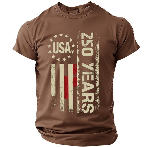 Sewkxo Mens Tshirt Lightweight 250th Anniversary American Flag Printed Crew Neck Pullovers Spring Summer Plus Size Casual Short Sleeve Shirts,Brown 3XL
