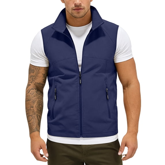 Sewkxo Mens Vests Outerwear Windproof Lightweight Softshell Vests Sports Sleeveless Jacket for Golf Hiking Fishing Running,Dark Blue XL