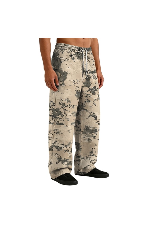 Pants Men Trendy Camo Graphic Elastic Waist Drawstring Straight Legs Lounge Trouser Spring Summer Casual Loose Fit Workout Pant with Pockets,Beige 2XL