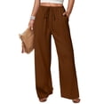 thumbnail image 1 of Sewkxo Pants Womens Lightweight Linen Drawstring Ruffle Hem Beach Trouser Spring Summer Wide Leg Baggy Lounge Pants with Pockets,Coffee 2XL, 1 of 5
