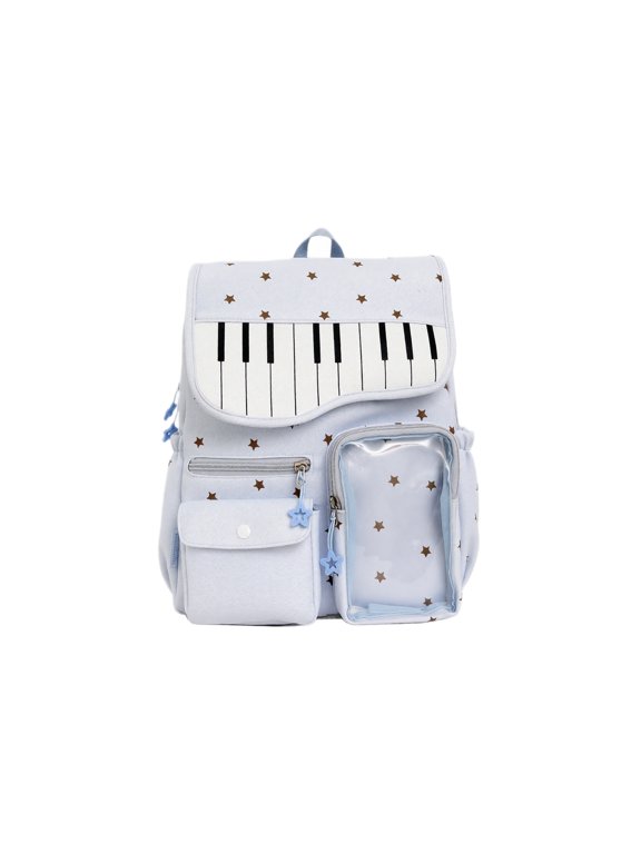 Piano Backpack with Music Notes and Star Pattern black fabric base, wave-shaped top flap, multiple zipper pockets, transparent front pocket, two side pockets,Blue
