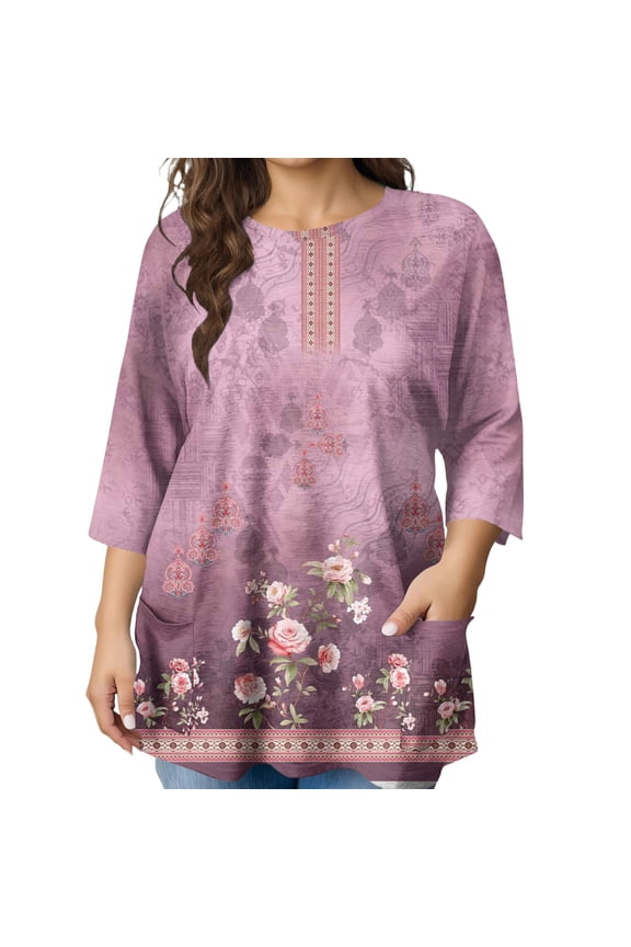 Plus Size Tops for Women Casual 3/4 Sleeve Shirt Crew Neck Print Blouse 2026 Summer Fashion Clothes,Pink 5XL