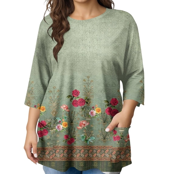 Sewkxo Plus Size Tops for Women Loose Fit 3/4 Length Shirts Crew Neck Print Blouse Spring Summer Fashion Clothes,Green 2XL