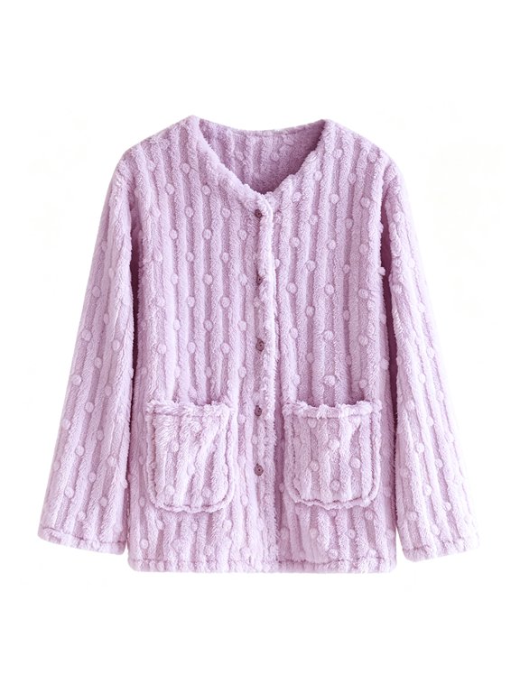 Plush Pajama Tops Fleece Bed Jackets for Elderly Women Long Sleeve Button Down Sleepwear Fuzzy Coats with Pockets,Purple XL