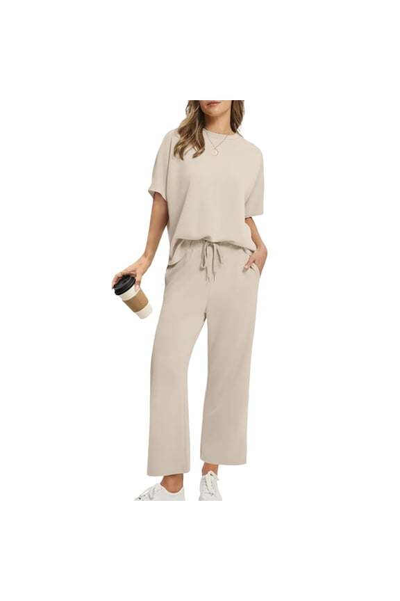 Sets for Women 2 Piece Sherpa Crew Neck Short Sleeve Top and Drawstring Lounge Trousers Spring Summer Loose Fit Lounge Sets with Pockets,Beige S