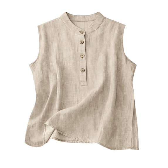 Sewkxo Shirt Women Fashion Cotton Linen Button Down Round Neck Tees Spring Summer Plus Size Casual Sleeveless Vest,Khaki M