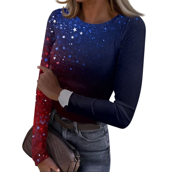 Sewkxo Shirts for Women Fashion 250th Anniversary American Independence Day Printed Crewneck Pullover Tops Spring Summer Baggy Fit Casual Long Sleeve Shirt,Dark Blue XL