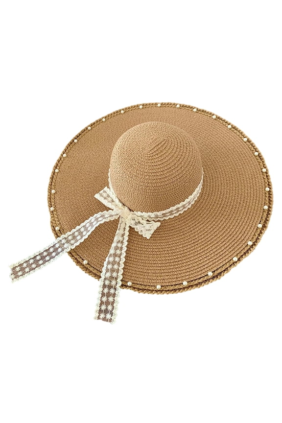 Summer Pearl Lace Cut Out Bow Women Beach Sun Hat Grass Hat Lady Matching Sunshade Straw Hats Khaki