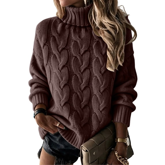 Sewkxo Sweaters for Women Turtleneck Long Sleeve Cable Knit Pullover Fall Winter Solid Color Slim Slim Fitted Sweater,Coffee XL