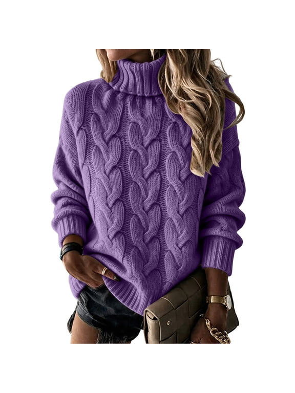 Sweaters for Women Turtleneck Long Sleeve Cable Knit Pullover Fall Winter Solid Color Slim Slim Fitted Sweater,Purple 2XL