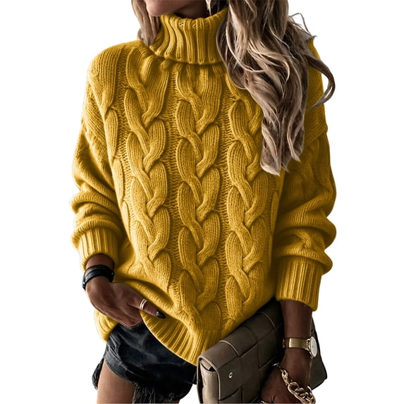 Sewkxo Sweaters for Women Turtleneck Long Sleeve Cable Knit Pullover Fall Winter Solid Color Slim Slim Fitted Sweater,Yellow XL