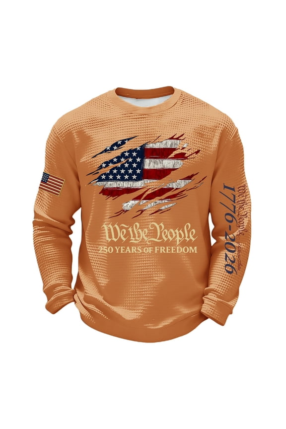 T Shirt Man Sherpa Waffle 250th Anniversary American Patriotic 4th Of July Crewneck Pullovers Spring Baggy Casual Long Sleeve Shirts,Orange M