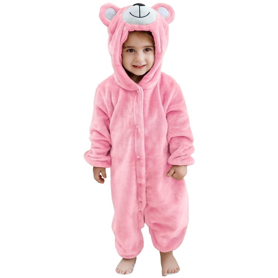 Sewkxo Toddlers Bear Costume Cosplay Rompers Flannel Fuzzy Fall Winter Hooded Jumpsuits,Pink 70